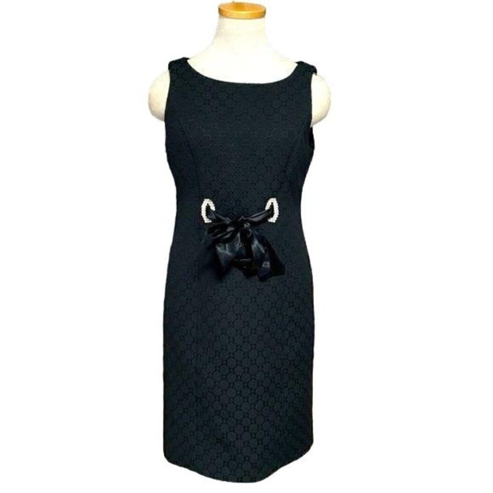 Taylor Dress Black Midi Sheath Black Rhinestone Tie Front Size 4